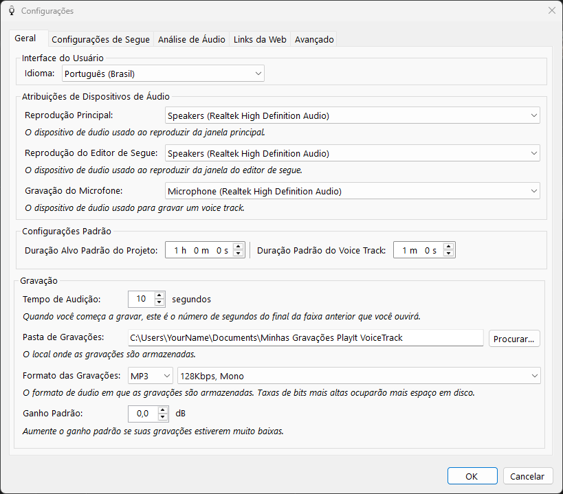Configurações do PlayIt VoiceTrack - aba Geral