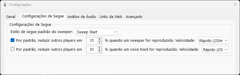 PlayIt VoiceTrack Configurações - aba Configurações de Segue