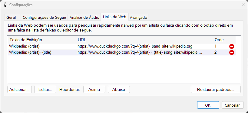 Configurações do PlayIt VoiceTrack - guia Links da Web